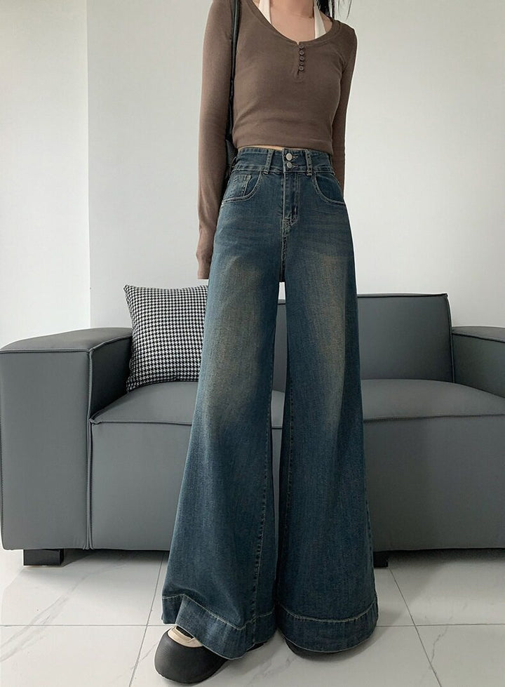 Blue Double Button Flared Denim