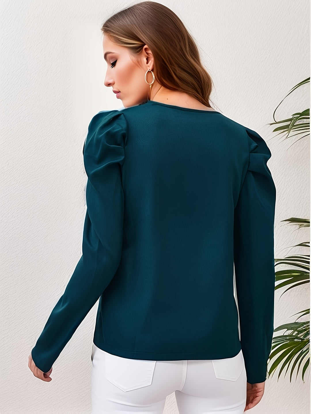 Dark Green Full Puff Sleeves Top