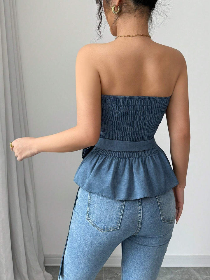 Blue Strapless Smocked Top