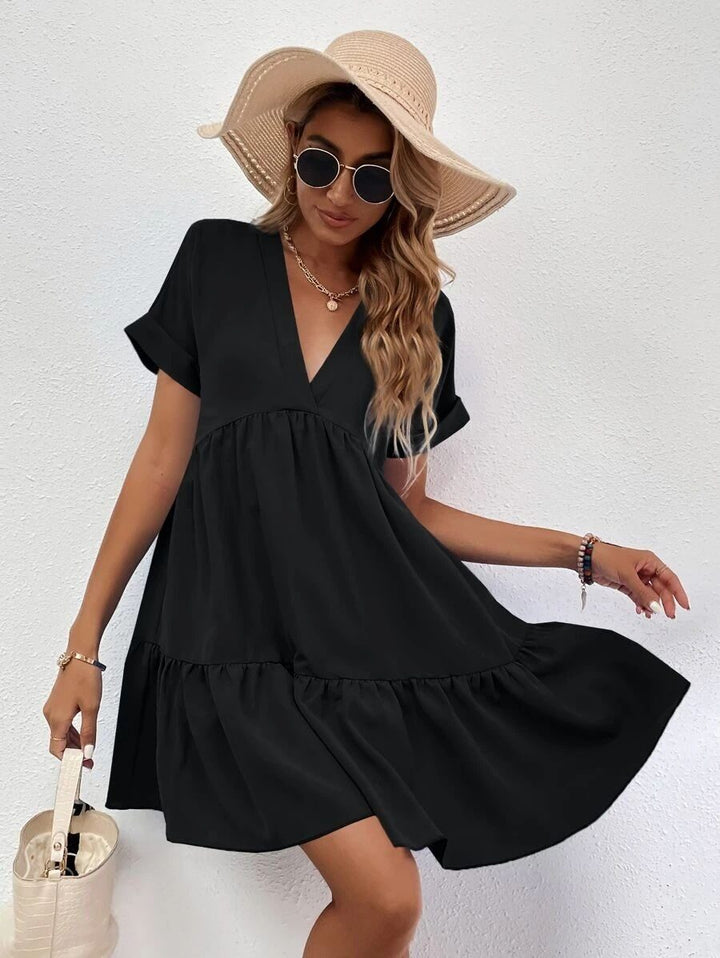 Black V Neck Aline Tiered Dress