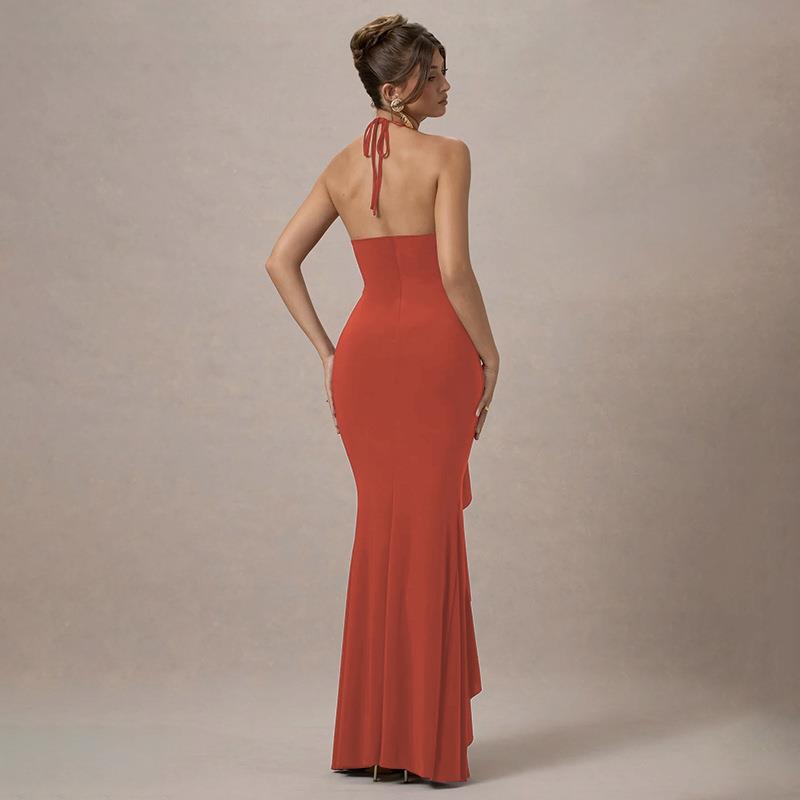 Orange Halter Neck Side Slit Dress