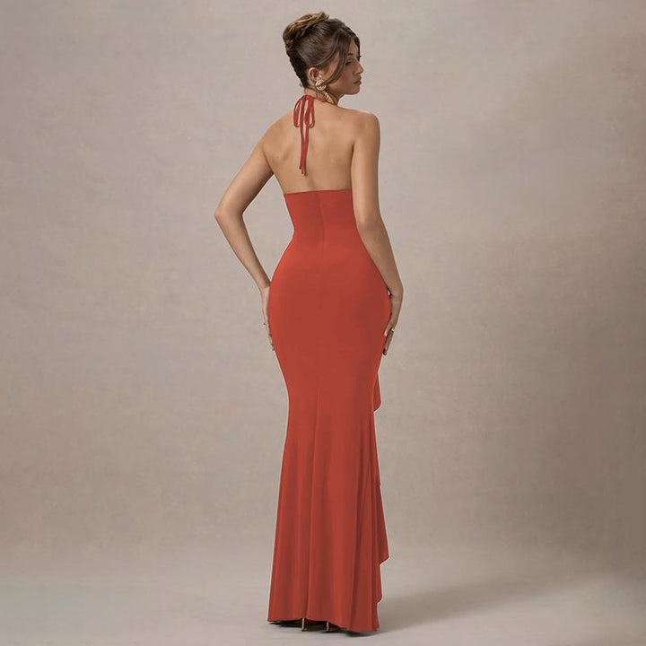 Orange Halter Neck Side Slit Dress