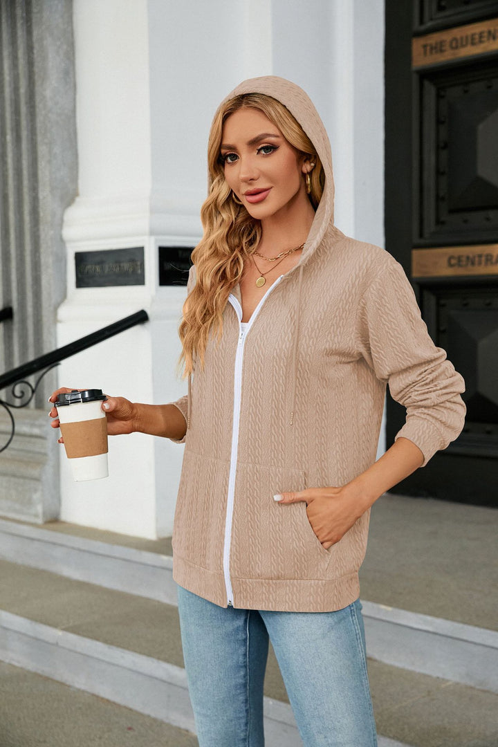 Beige Full Sleeves Front Zip Hooded Jackets