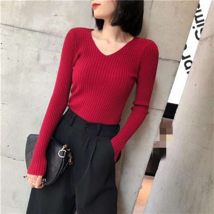Red Full Sleeve V Neck Fitted Top