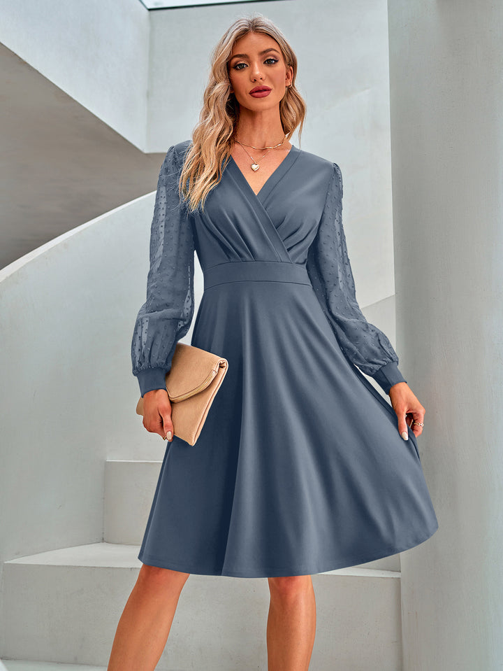 Blue Bishop Sleeve V Neck Waist Fitted Dress
