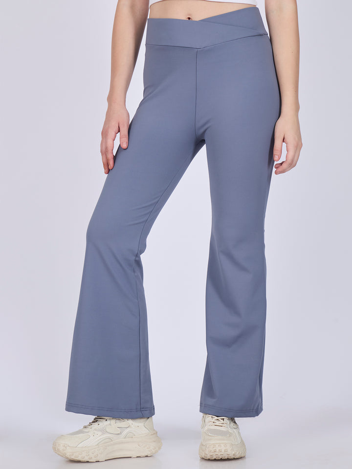 Grey Criss Cross Waist Band Flared Leggigns