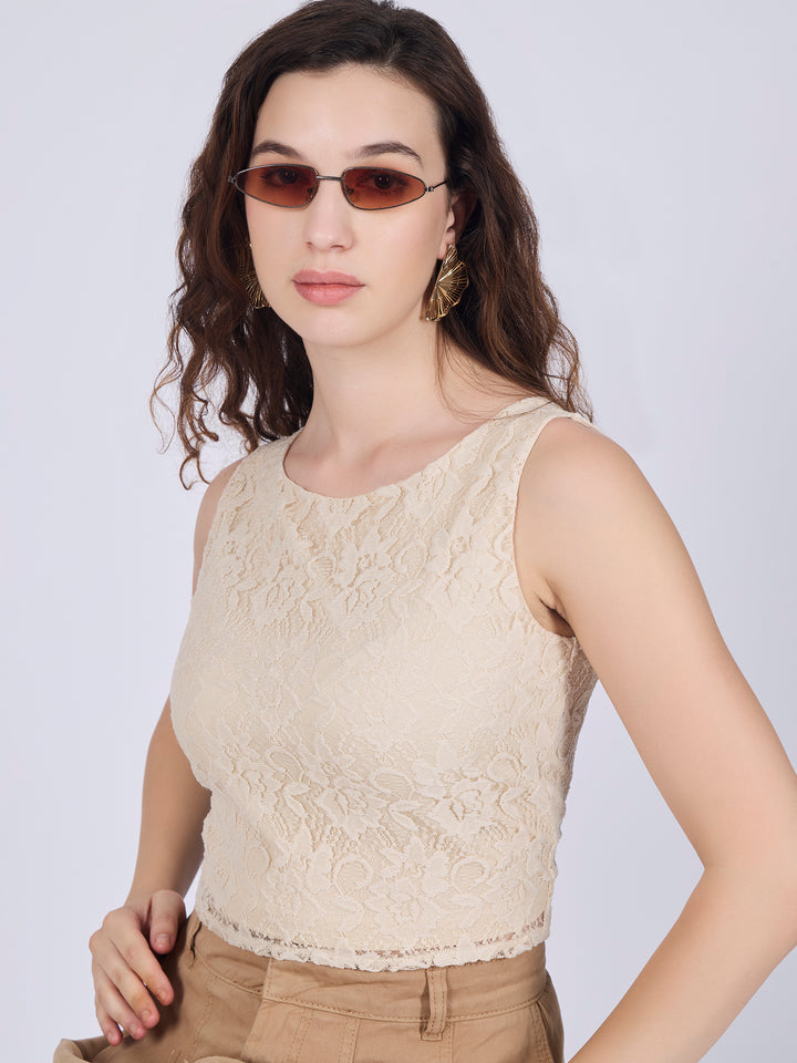 Beige Fitted Lace Top