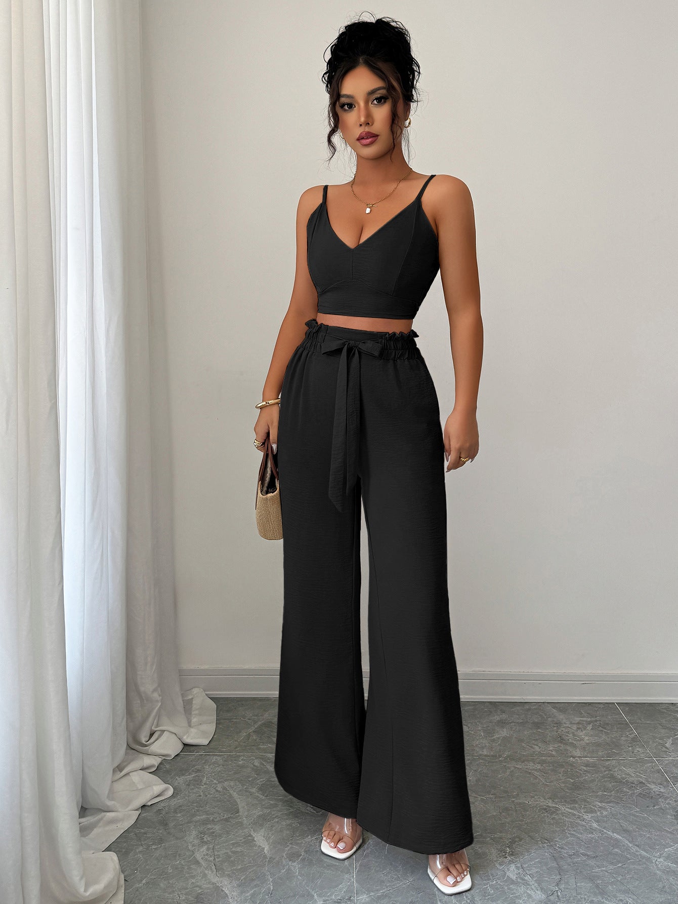 Black Cami Top And Pants Co-Ord Set