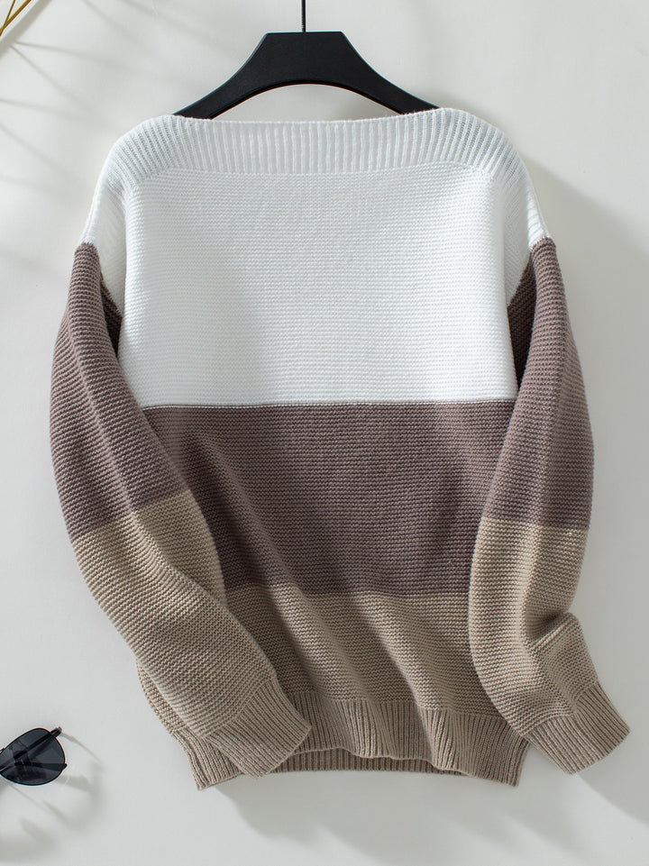 Brown Full Sleeves Colour Block Sweater
