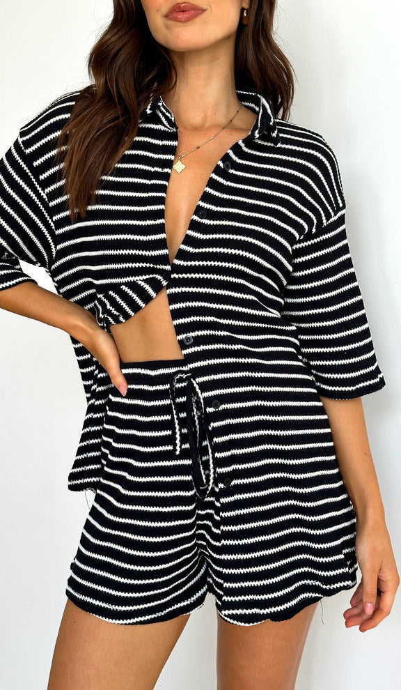 Black Striped Shirt And Shorts Co-Ord Set