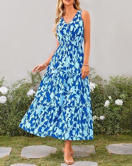 Light Blue V Neck Printed Cinched Waist Dress