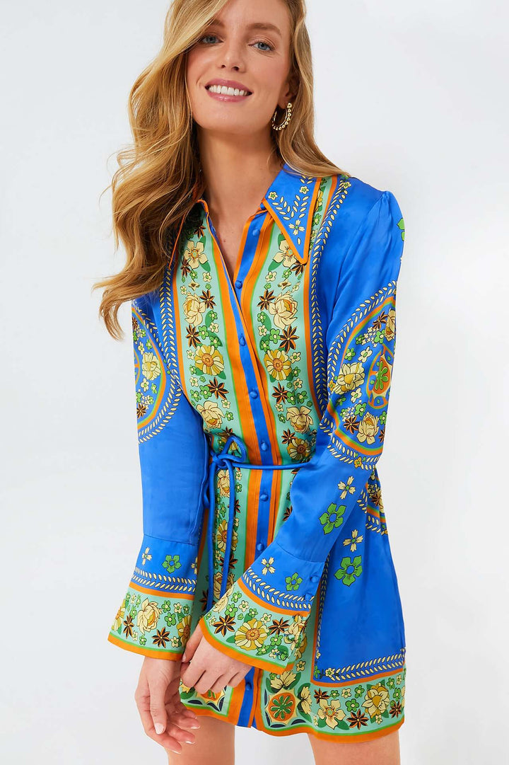 Blue Floral Printed Front Buttoned Shirt Dress