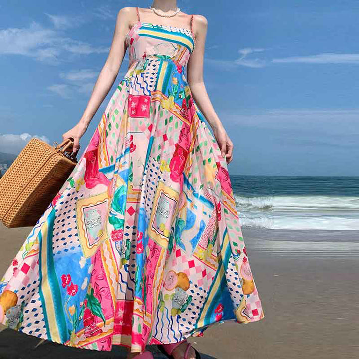 Pink Abstract Print Fit And Flare Maxi Dress