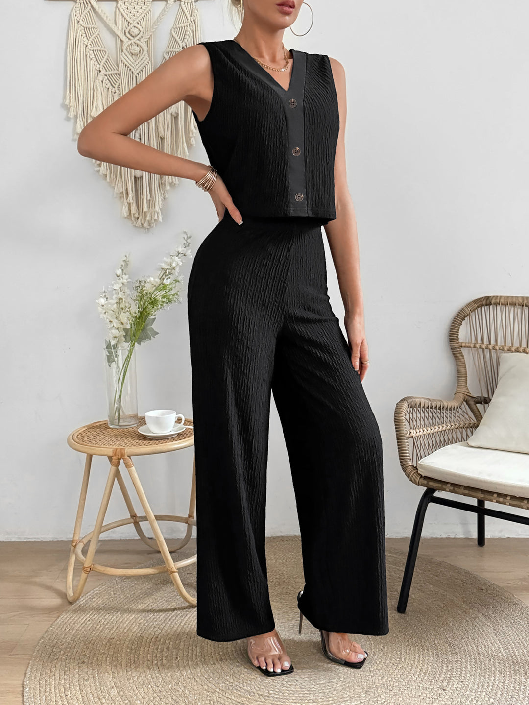 Black Vest Front Button & Straight Fit Trouser