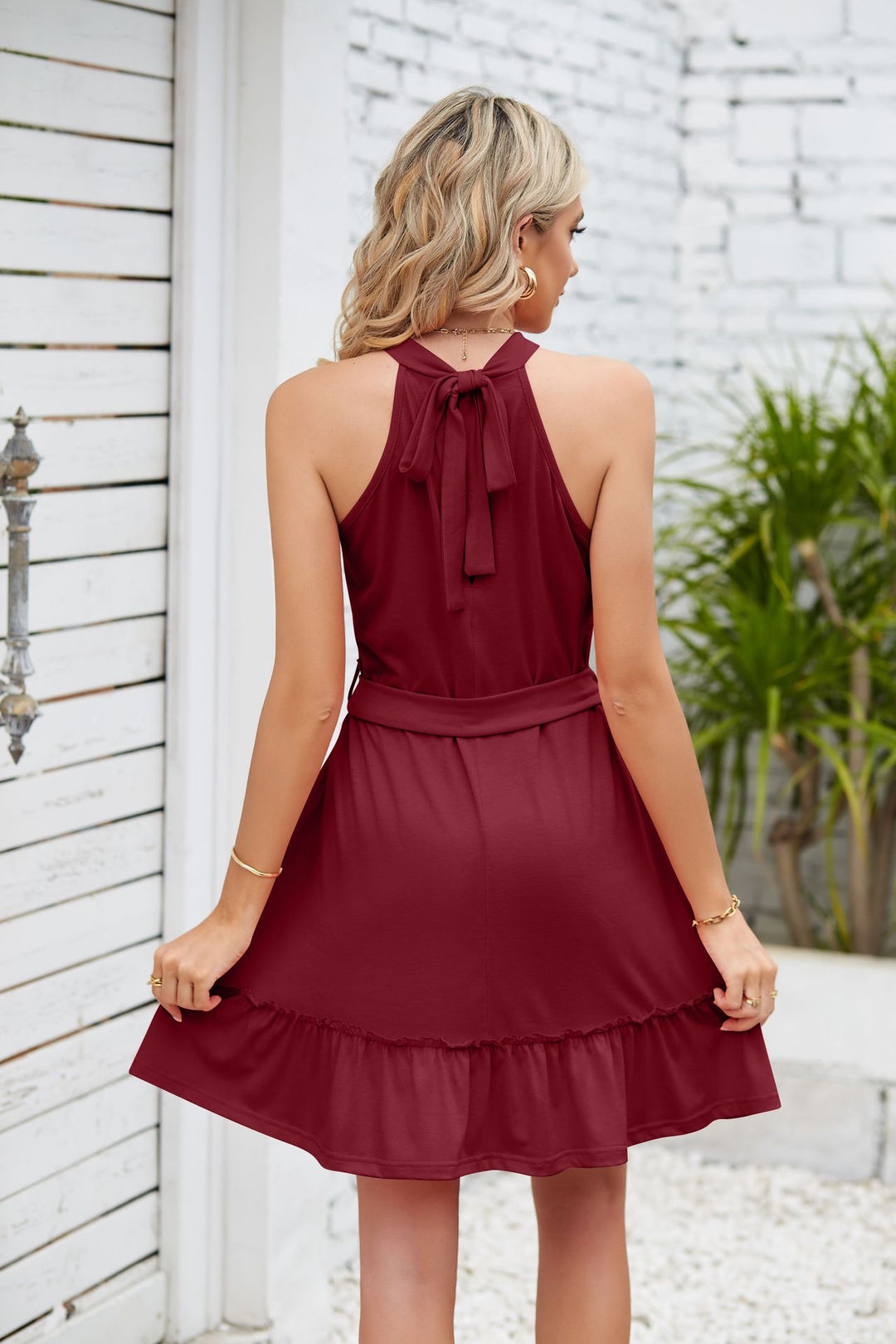 Maroon Sleeveless Front Tie-Up Ruffle Hem Dress