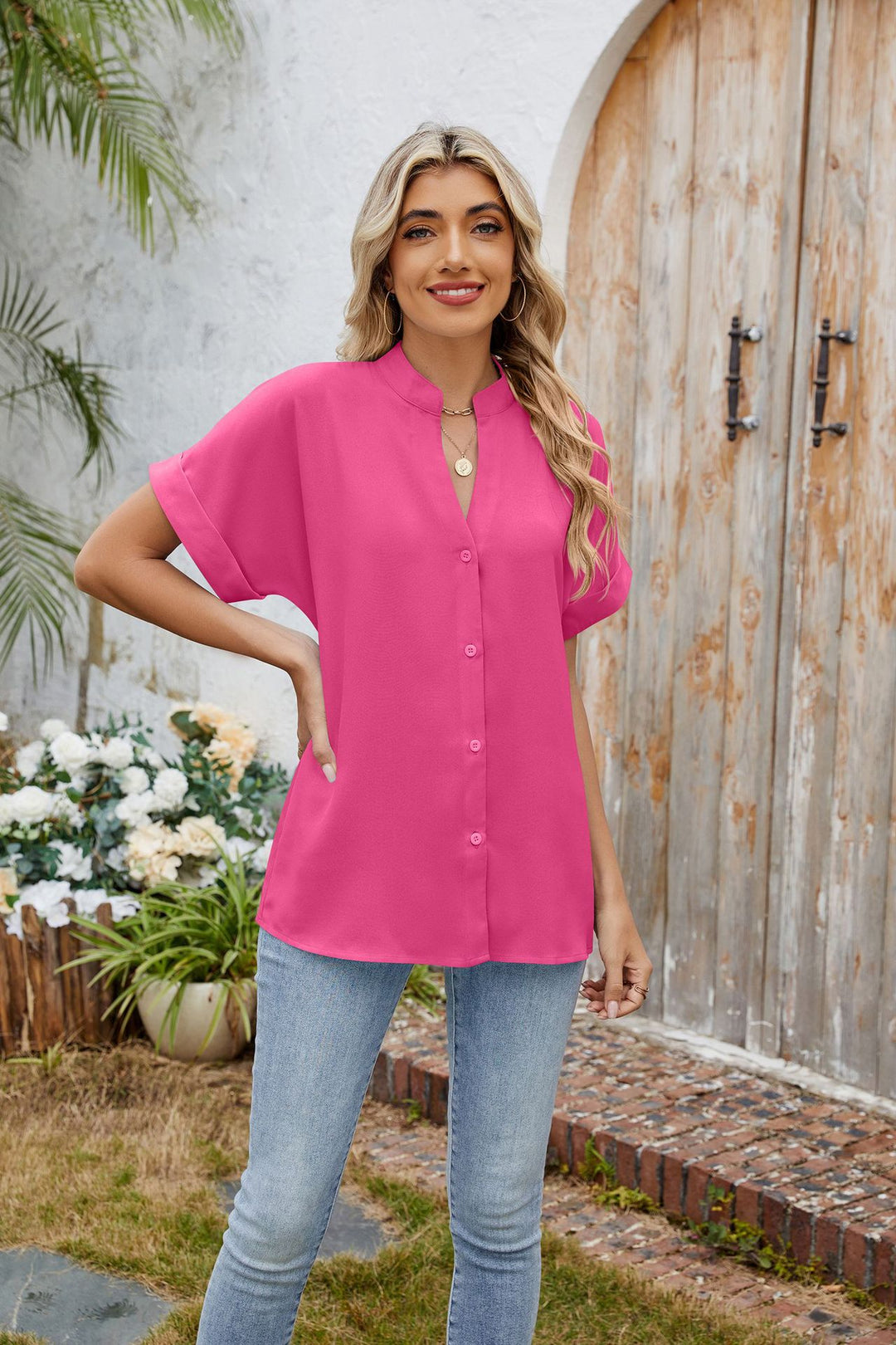 Pink Short Sleeve Front Buttoned Shirt