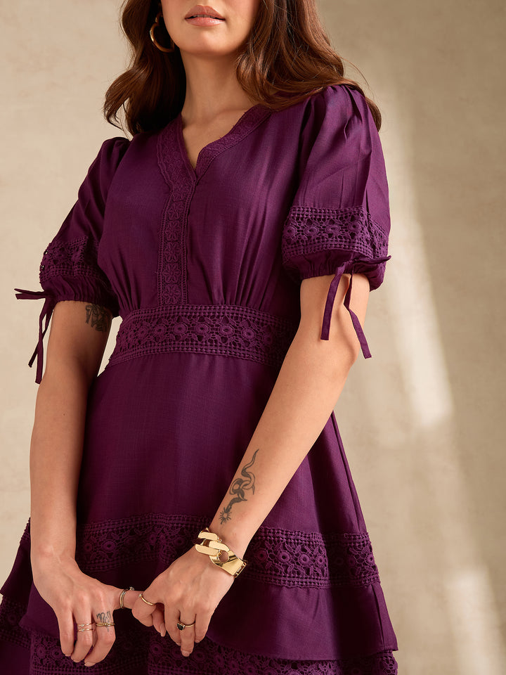 Purple Tiered Mini Dress With Lace Inserts Detailing
