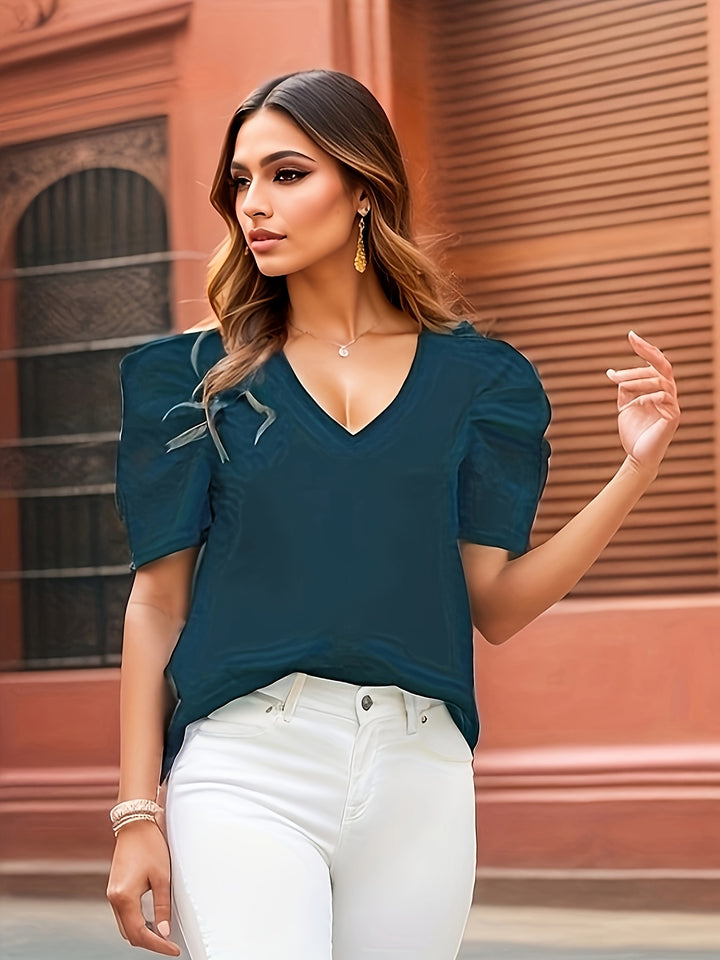 Dark Green Half Puff Sleeves V-Neck Top