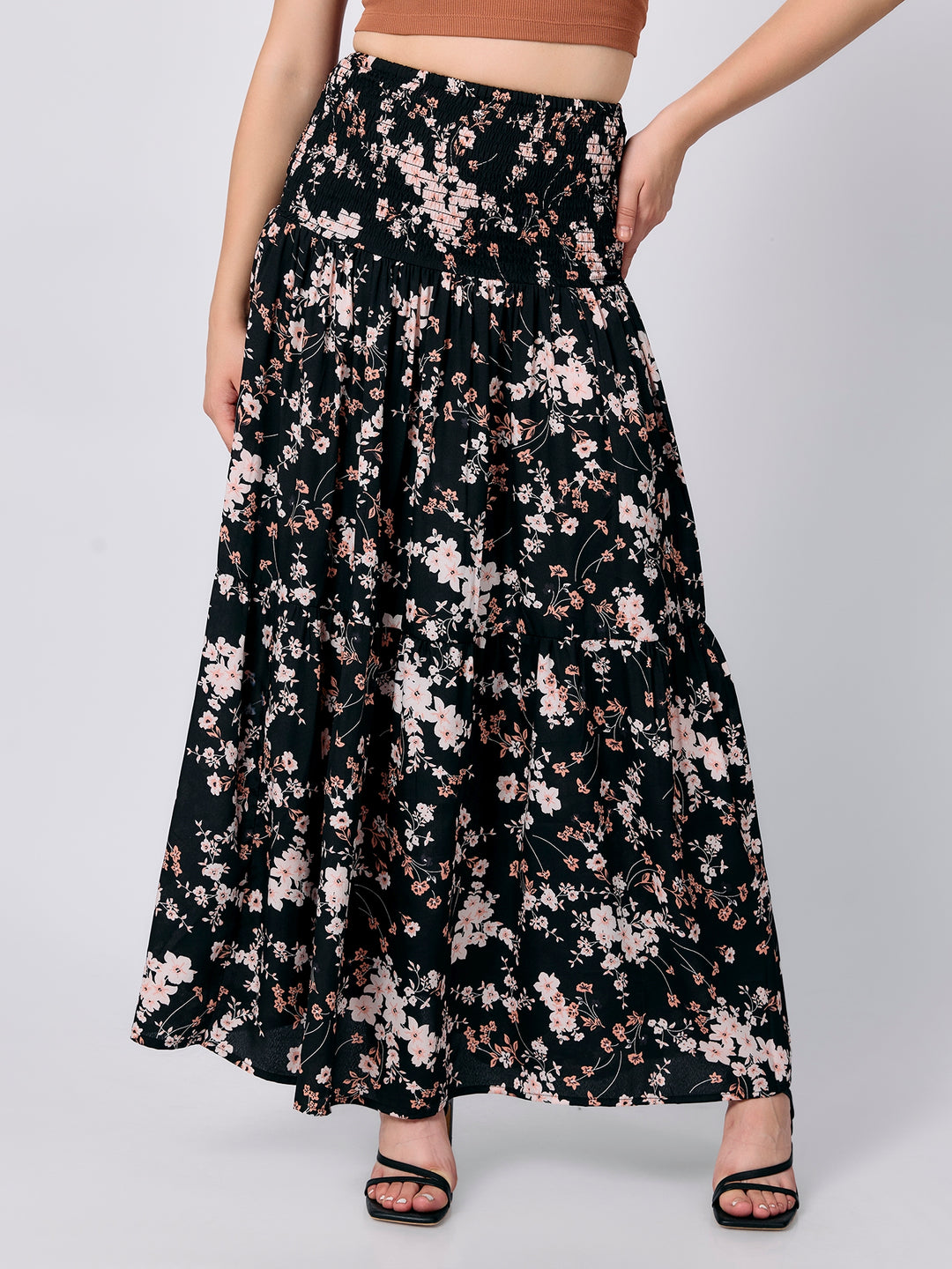 Black Three Tired Midi Skirt Printed