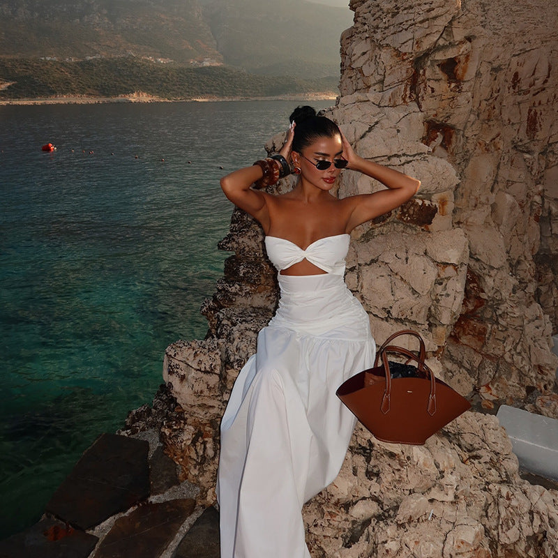 White Fitted Bust With Waist Cutout Maxi Dress