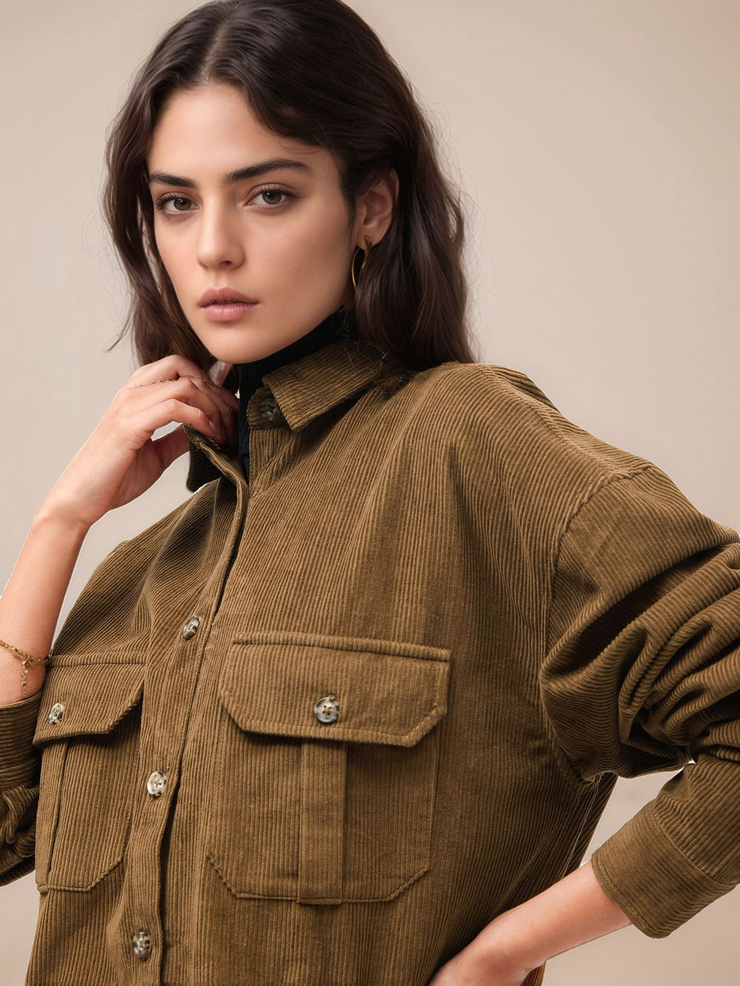 Brown Full Sleeve Double Pockets Corduroy Shirt