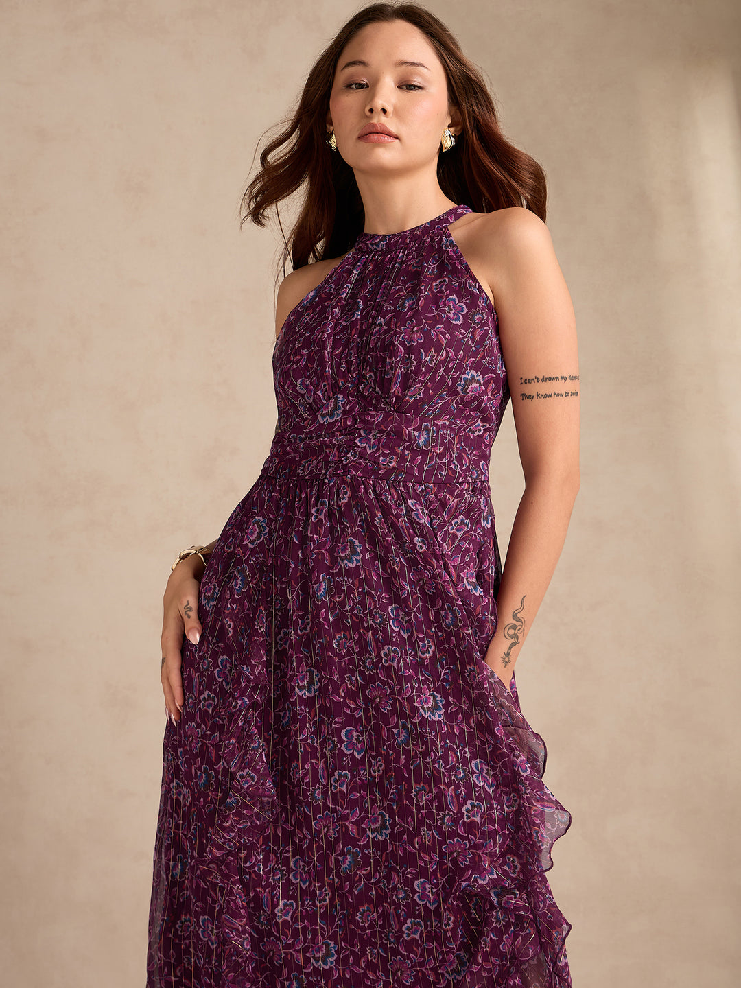 Purple High Neck Flared Dress With Delicate Floral Print