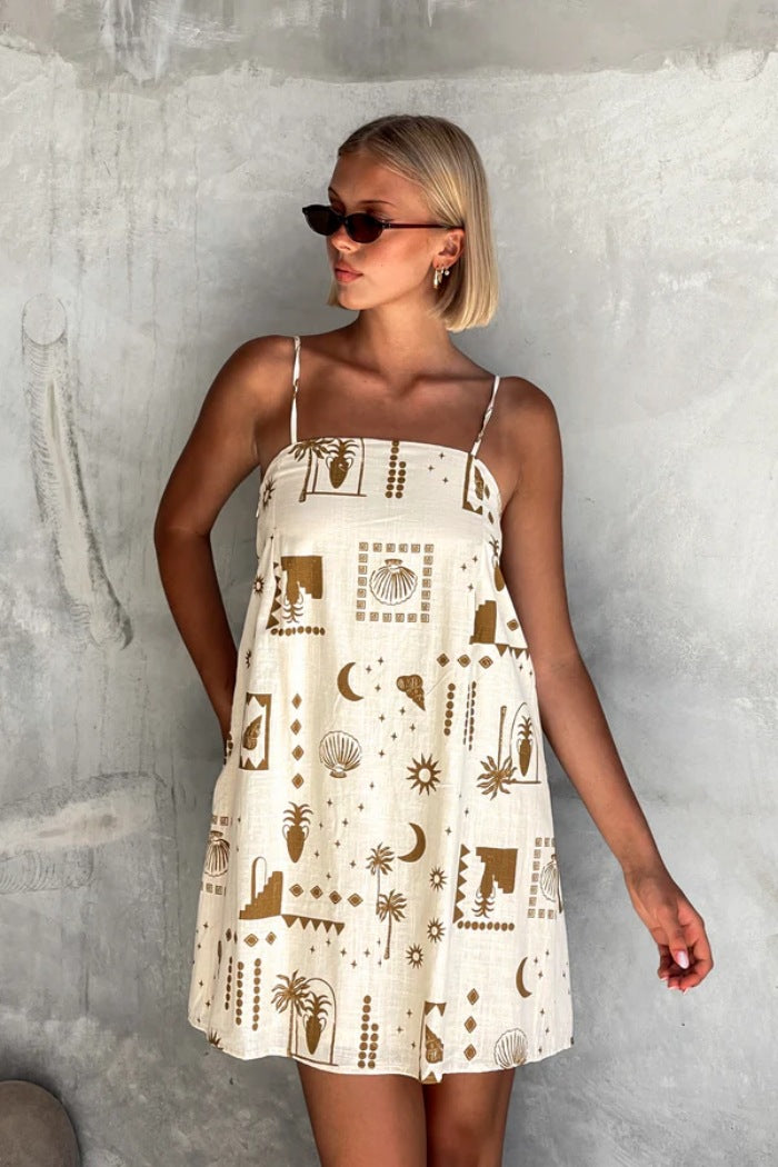 Brown Shoulder Strap Abstract Printed Dress