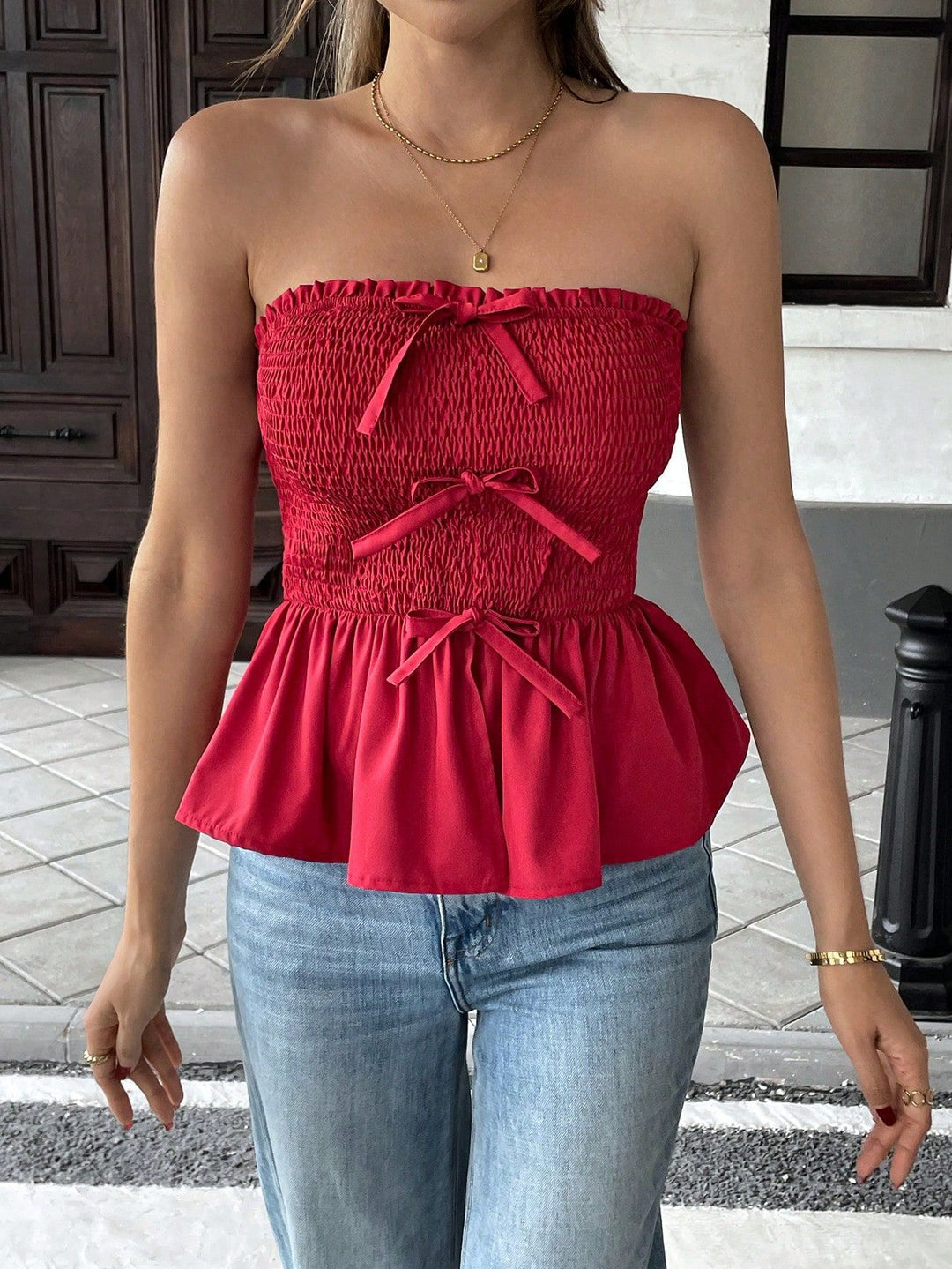 Red Strapless Smocked Top