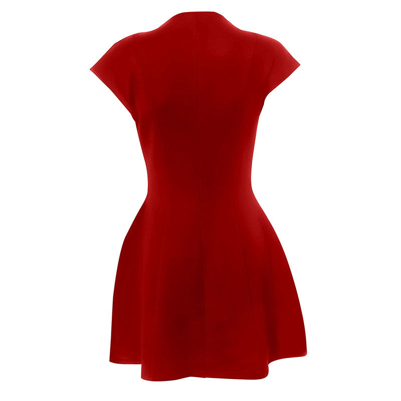 Red High Neck Cap Sleeve Skater Dress