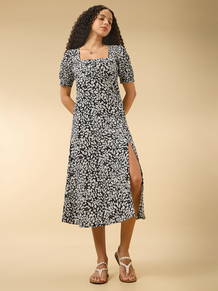 Black Aline Midi Dress With Slit Detail