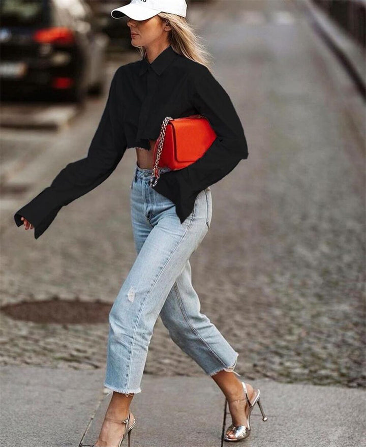 Black Oversized Button Down Crop Top