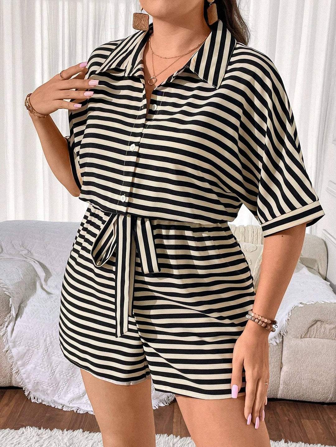 Beige Striped Waist Tie-Up Jumpsuits