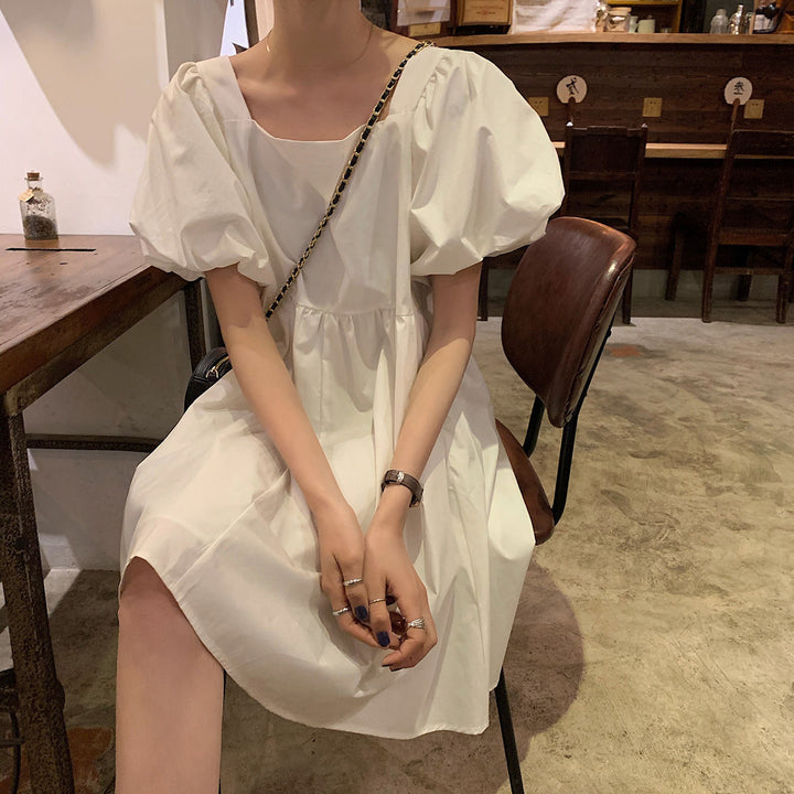 White Square Neck Puff Sleevees Mini Dress