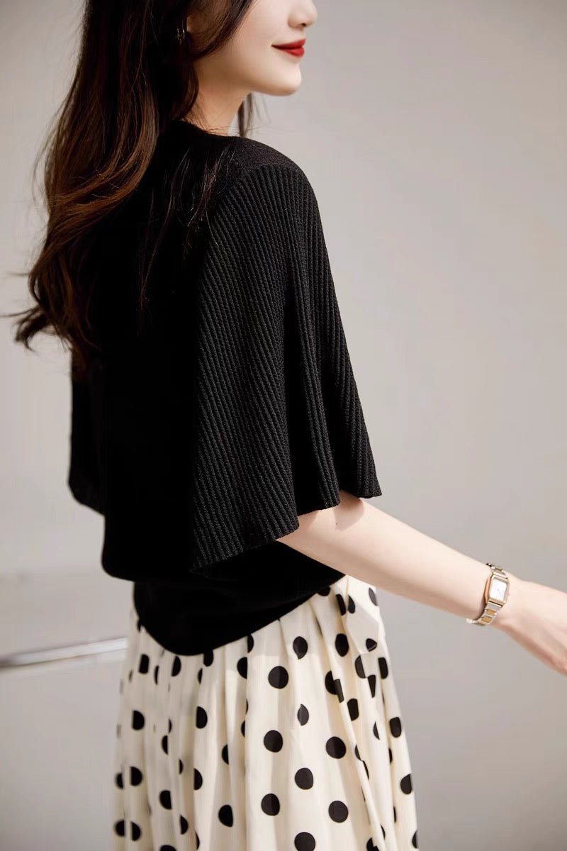 Black Plisse Top With Flared Sleeves