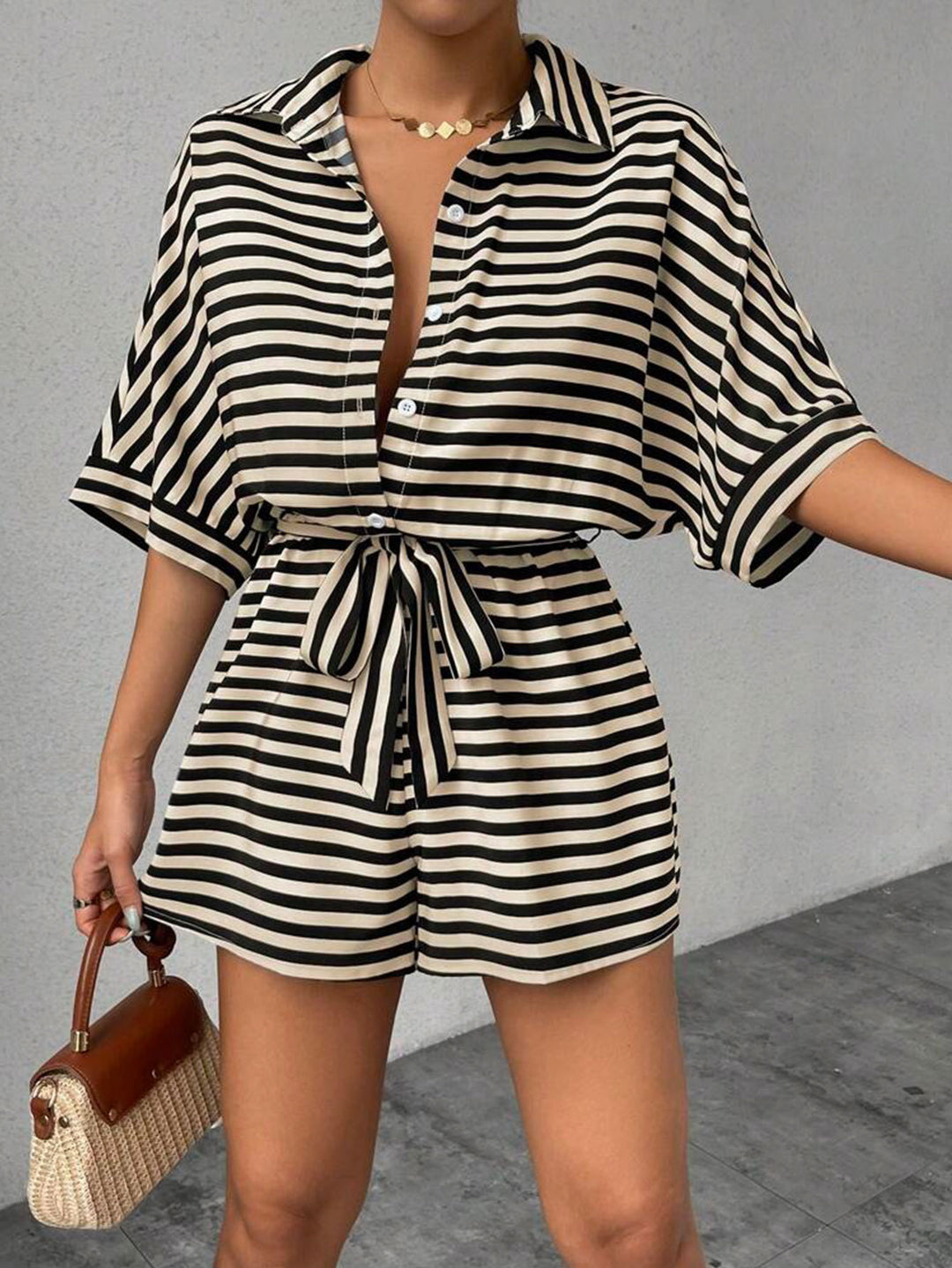 Beige Striped Waist Tie-Up Jumpsuits