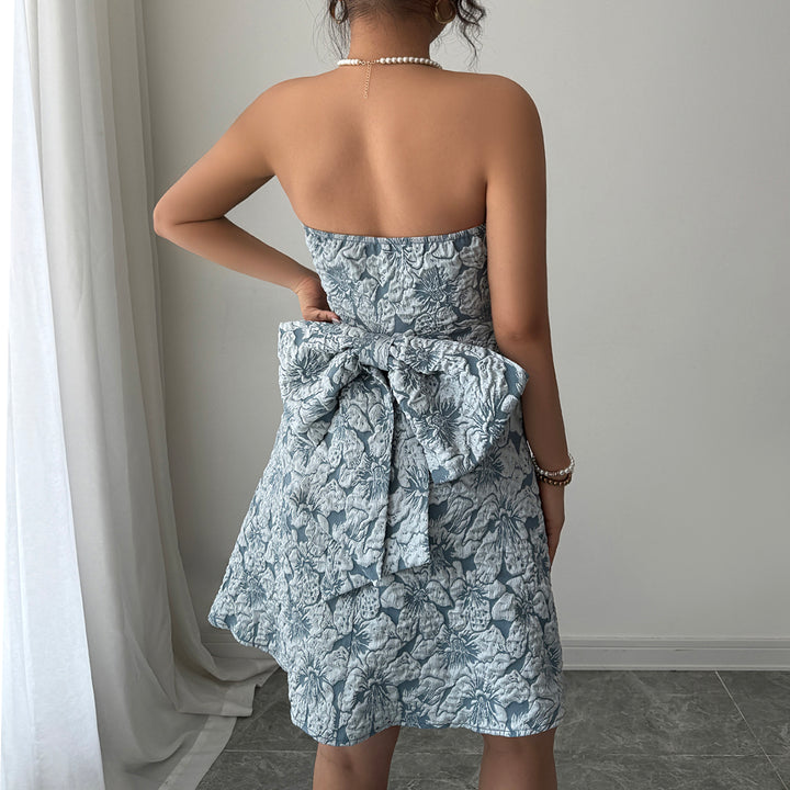 Blue Strapless Floral Printed Bow Dress