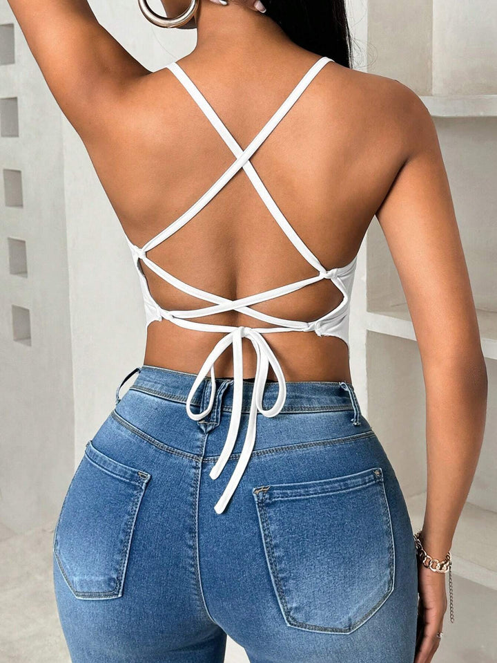 White Spaghetti Strap Back Tie-Up Top