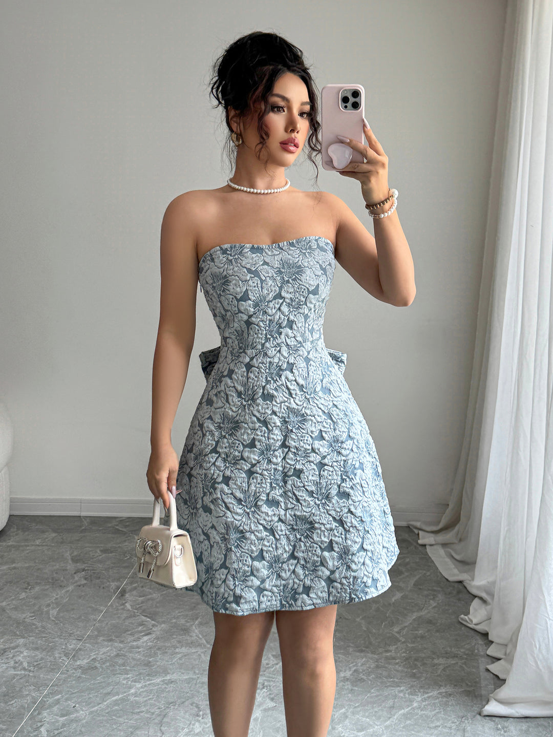 Blue Strapless Floral Printed Bow Dress
