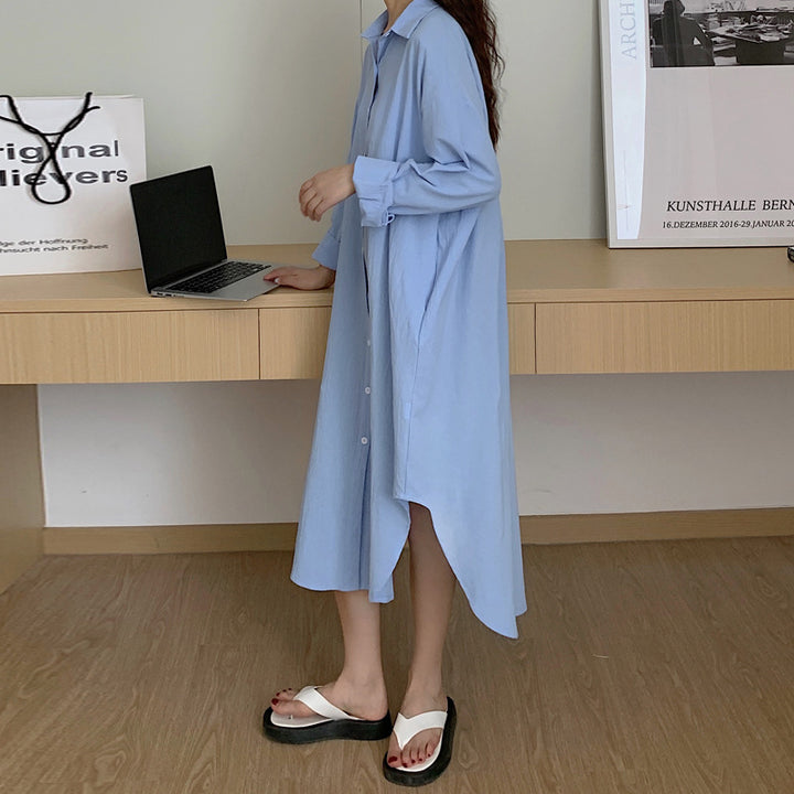 Blue Longline Button Down Shirt Dress