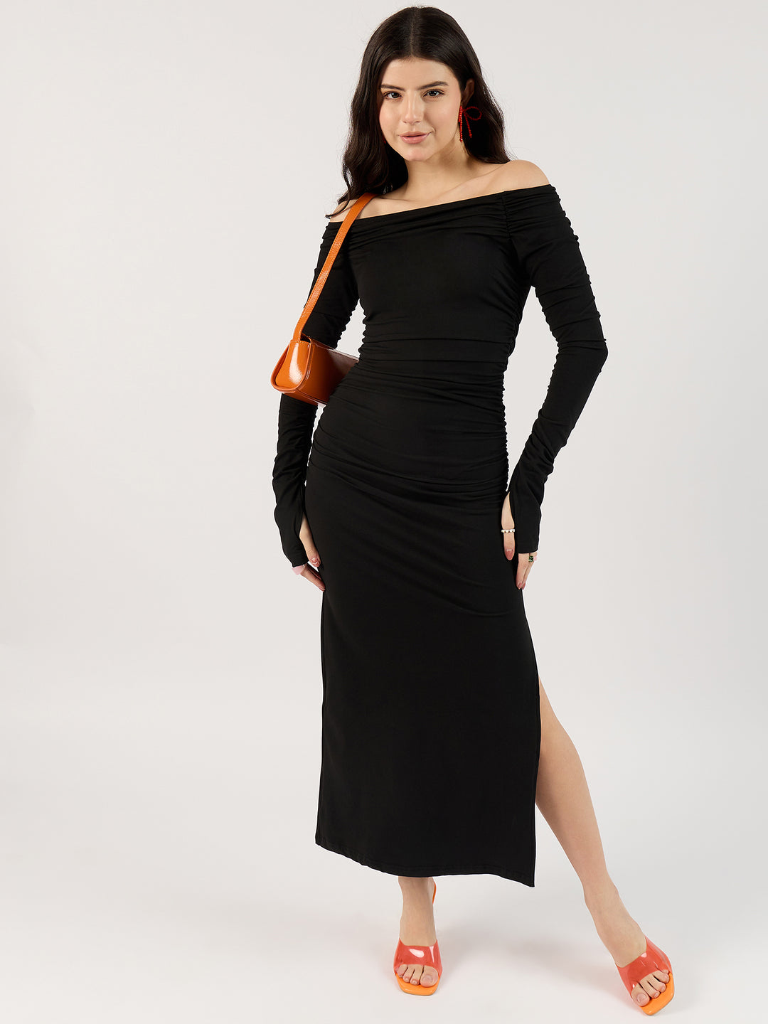 Black Off-Shoulder Ruched Dress