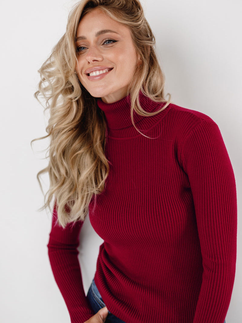 Burgundy High Neck Fitted Sweater