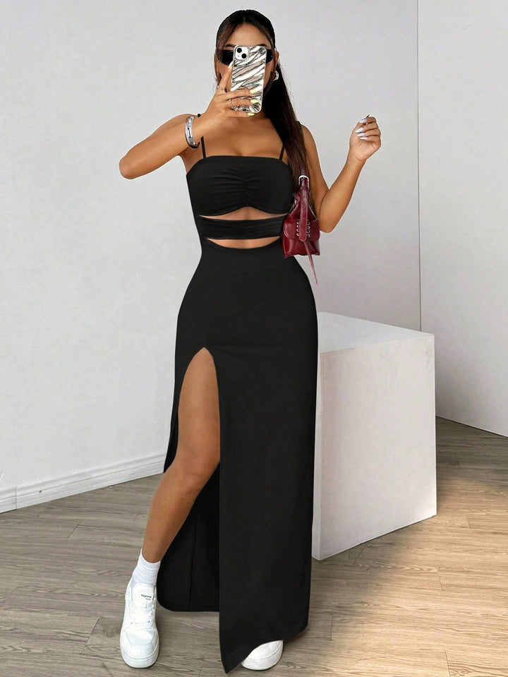 Black Shoulder Strap Cut-Out Detail Slit Dress