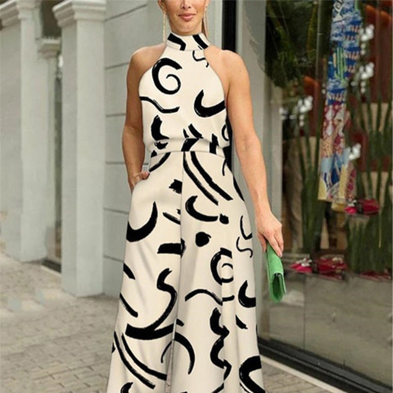 Beige Halter Neck Wide Leg Jumpsuit