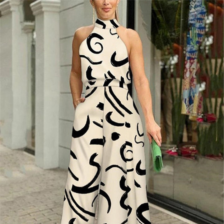 Beige Halter Neck Wide Leg Jumpsuit