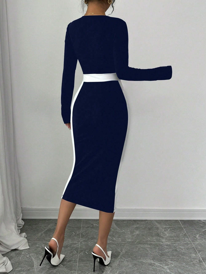 Navy Blue Full Sleeve Contrast Panel Dress