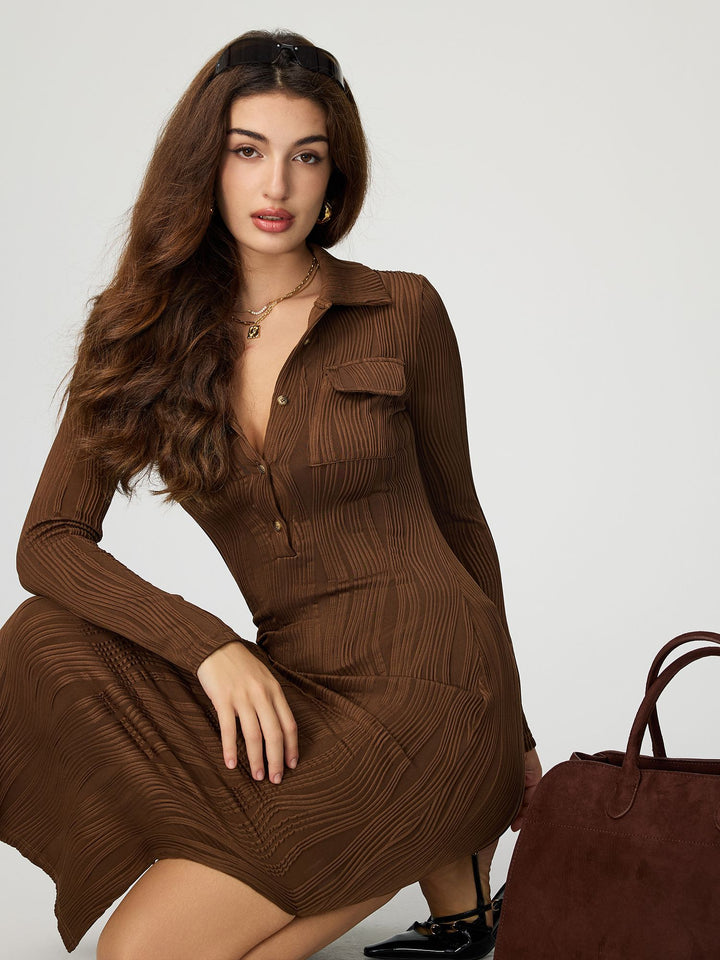 Brown Full Sleeve Collared Fitted Dress