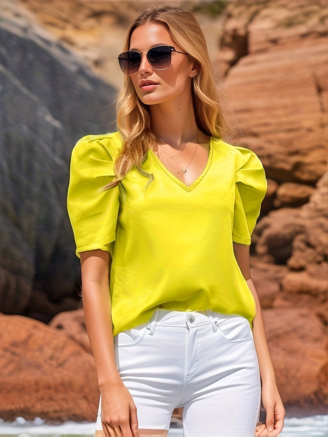 Yellow Half Puff Sleeves V-Neck Top