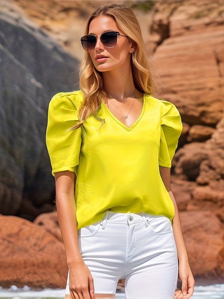 Yellow Half Puff Sleeves V-Neck Top