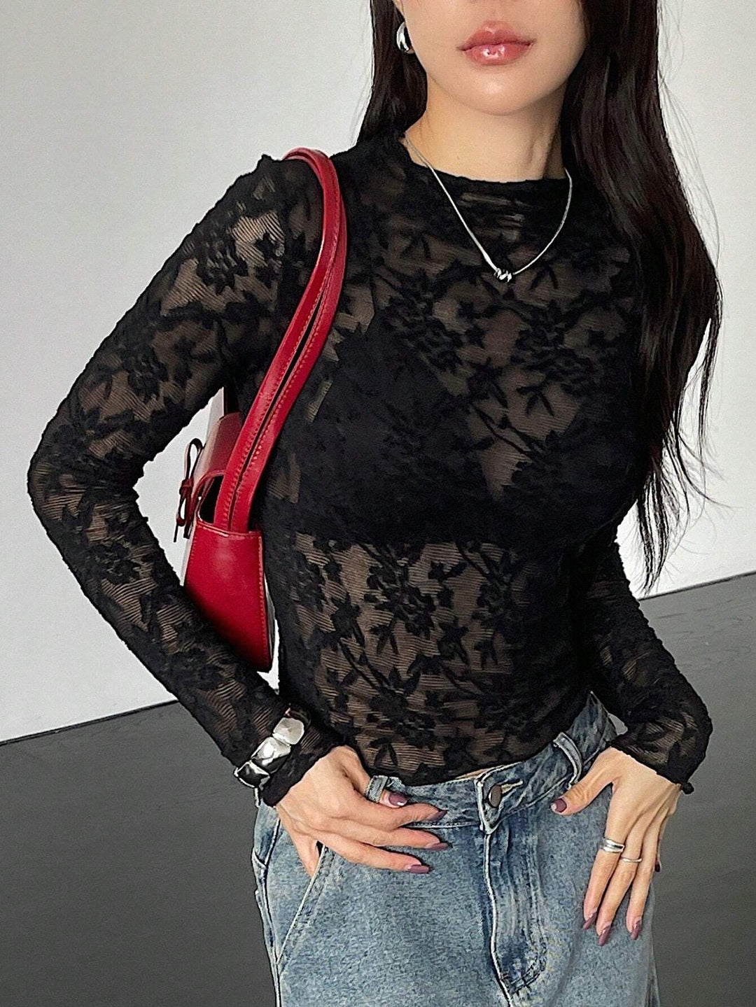 Black Full Sleeve High Neck Semi Sheer Top