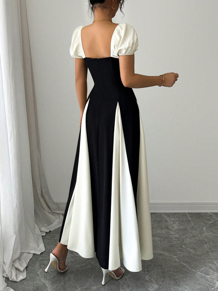 Cream Puff Sleeve Panel Dress